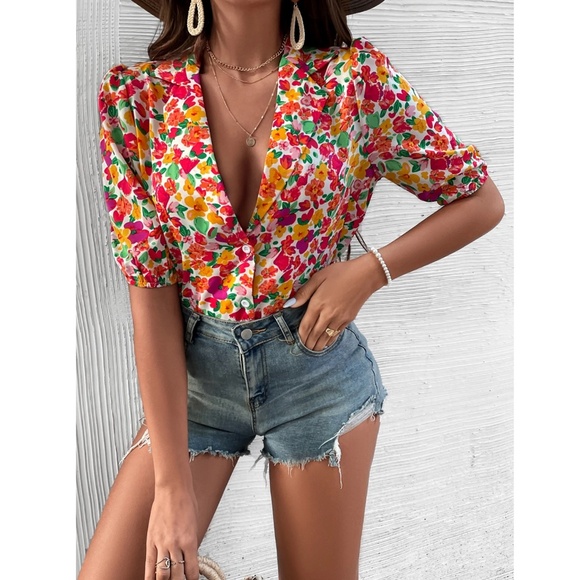 Floral Red Green Pink Button Down Puff Sleeve Shirt Lapel V-Neck - Picture 4 of 7